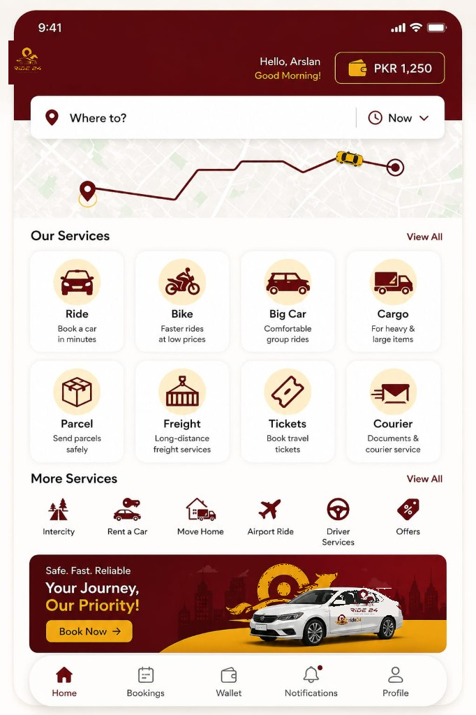 Ride24 driver app dashboard preview
