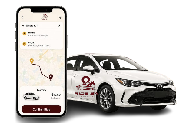Ride24 booking phone next to a Ride24 branded car