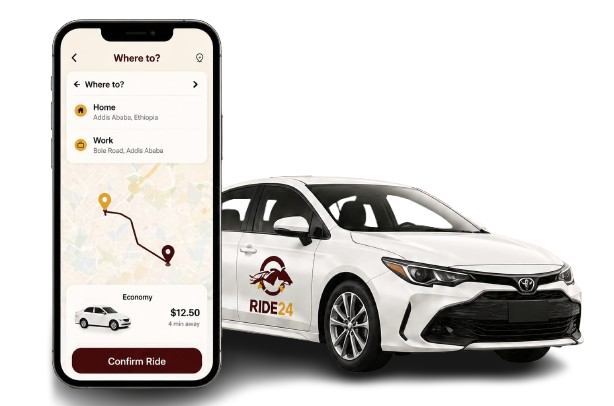 Ride24 booking phone next to a Ride24 branded car